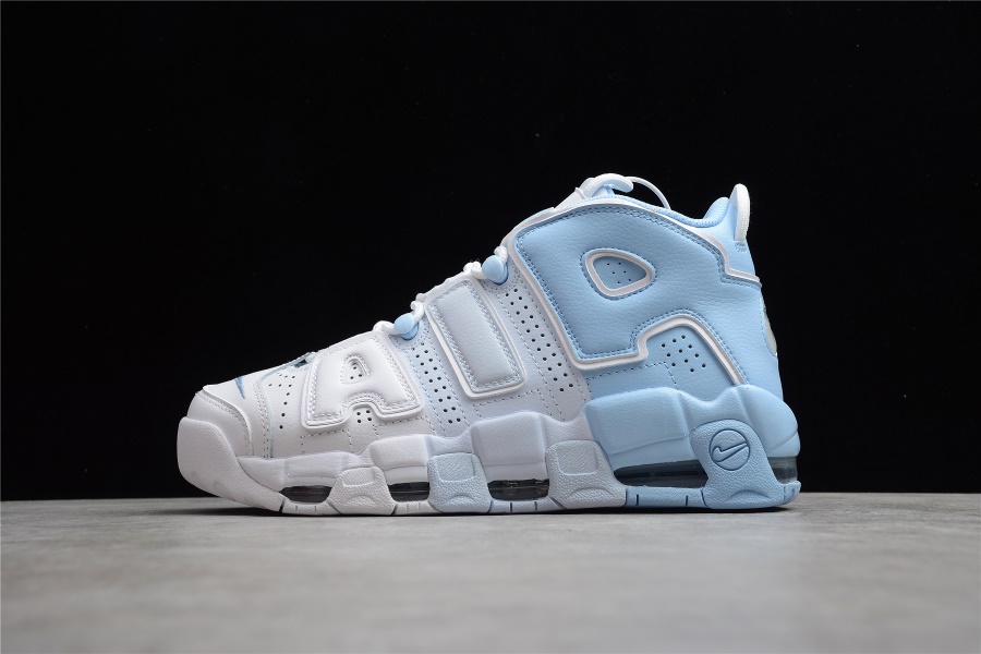 Nike Air More Uptempo Psychic Blue Sky replica sneakers featuring a vibrant blue colorway with iconic oversized lettering, perfect for sneaker enthusiasts seeking stylish and high-quality alternatives.