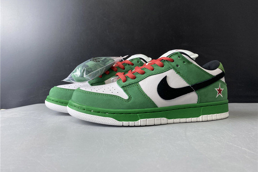 Nike Dunk Low Pro SB Heineken replica sneakers featuring a green and white colorway, designed to mimic the iconic style of the original with meticulous attention to detail and high-quality materials.