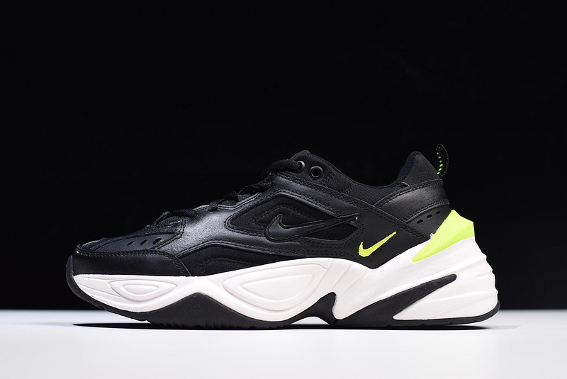 Nike M2K Tekno Black Volt high-quality replica sneakers featuring a sleek black design with vibrant volt accents, perfect for fashion-forward footwear enthusiasts.