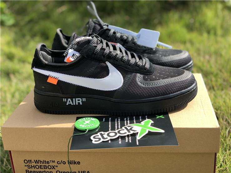Off White X Nike Air Force 1 Black replica sneakers featuring a sleek black design, signature Off White branding, and distinctive details, perfect for sneaker enthusiasts seeking high-quality replicas.
