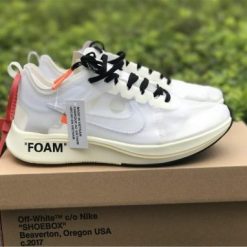 Off White X Nike Zoom Fly White high-quality replica sneakers showcasing a sleek design with distinctive branding and modern aesthetics, perfect for sneaker enthusiasts.