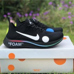 Off White X Zoom Fly Black replica sneakers featuring a sleek design with distinctive Off White branding and a lightweight upper, perfect for sneaker enthusiasts and collectors.