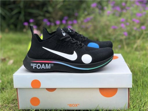 Off White X Zoom Fly Black replica sneakers featuring a sleek design with distinctive Off White branding and a lightweight upper, perfect for sneaker enthusiasts and collectors.