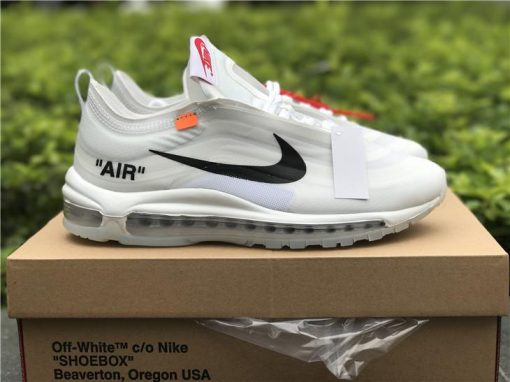 Off White x Nike Air Max 97 White replica sneakers showcasing a sleek design with a premium white upper, distinctive Off White branding, and the classic Air Max cushioning, perfect for sneaker enthusiasts seeking high-quality replicas.
