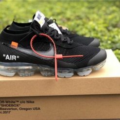 Off White x Nike Air Vapor Max Black replica sneakers showcasing a sleek black design with distinctive Off White branding and the signature Vapor Max cushioning technology.