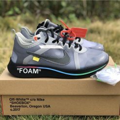 Off White x Nike Zoom Fly Grey Rainbow replica sneakers showcasing a stylish grey upper with rainbow accents, designed for comfort and fashion.