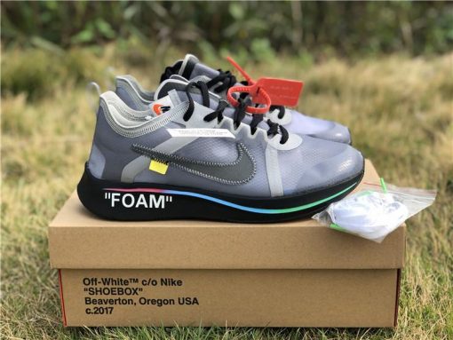 Off White x Nike Zoom Fly Grey Rainbow replica sneakers showcasing a stylish design with a grey upper, vibrant rainbow accents, and signature Off White branding, perfect for sneaker enthusiasts and collectors.