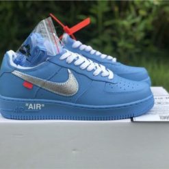 Off White x Nike Air Force 1 Low 07 MCA Blue replica sneakers featuring a vibrant blue colorway and signature design elements, designed for sneaker enthusiasts seeking high-quality replicas.