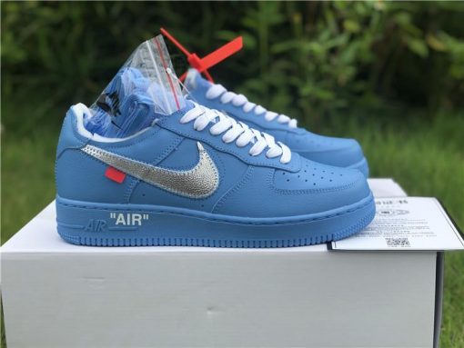 Off White x Nike Air Force 1 Low 07 MCA Blue replica sneakers featuring a vibrant blue colorway and signature design elements, designed for sneaker enthusiasts seeking high-quality replicas.