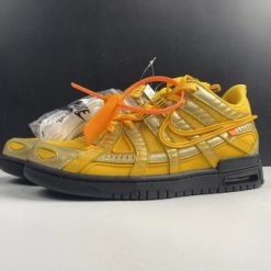 Off White x Nike Air Rubber Dunk University Gold replica sneakers featuring a vibrant gold colorway, distinctive Off White branding, and a stylish, modern design perfect for sneaker enthusiasts.