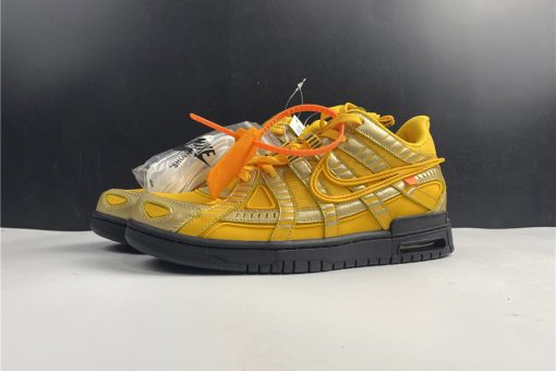 Off White x Nike Air Rubber Dunk University Gold replica sneakers featuring a vibrant gold colorway, distinctive Off White branding, and a stylish, modern design perfect for sneaker enthusiasts.
