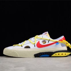Off White x Nike Blazer Low White University Red replica sneakers featuring a stylish white leather upper with vibrant red accents, perfect for streetwear enthusiasts.