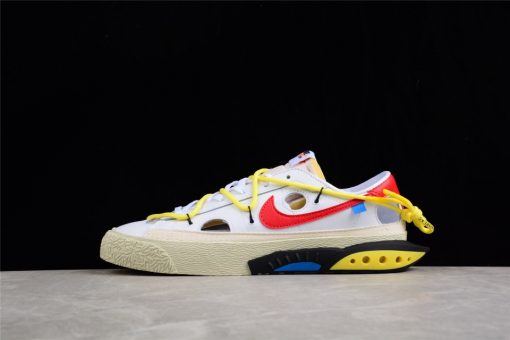 Off White x Nike Blazer Low White University Red replica sneakers showcasing a stylish white and university red colorway with distinctive branding and design elements.