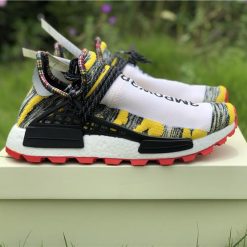 Pharrell Williams X Adidas Originals Human Race NMD Trail SOLARHU in White, Black, and Yellow, featuring a unique design perfect for stylish streetwear, high-quality replica sneakers for sneaker enthusiasts.