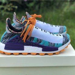 Pharrell Williams X Adidas Originals Human Race NMD Trail SOLARHU in White, Purple, and Orange, showcasing high-quality replica sneakers with vibrant color accents and a stylish design.