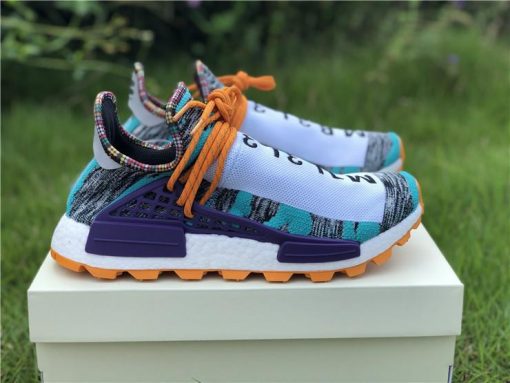 Pharrell Williams X Adidas Originals Human Race NMD Trail Solarhu White Purple Orange replica sneakers showcasing vibrant colors and unique design elements inspired by the original model.