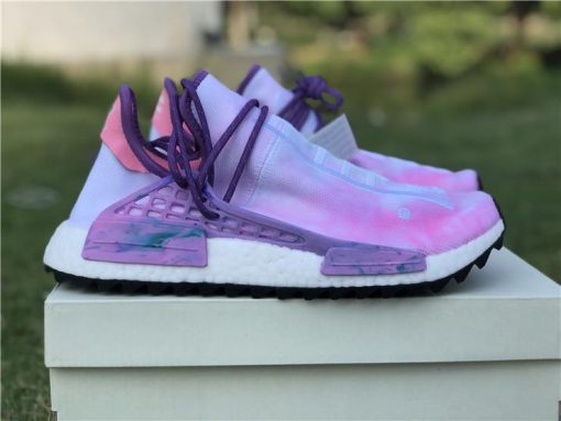Pharrell X Adidas NMD Human Race Pink Purple replica sneakers featuring vibrant color design and distinctive branding.