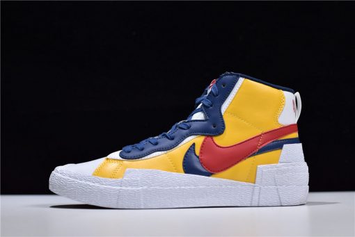 Sacai x Nike Blazer Mid Maize Navy replica sneakers featuring a vibrant yellow and navy colorway, showcasing unique layering and a stylish silhouette.