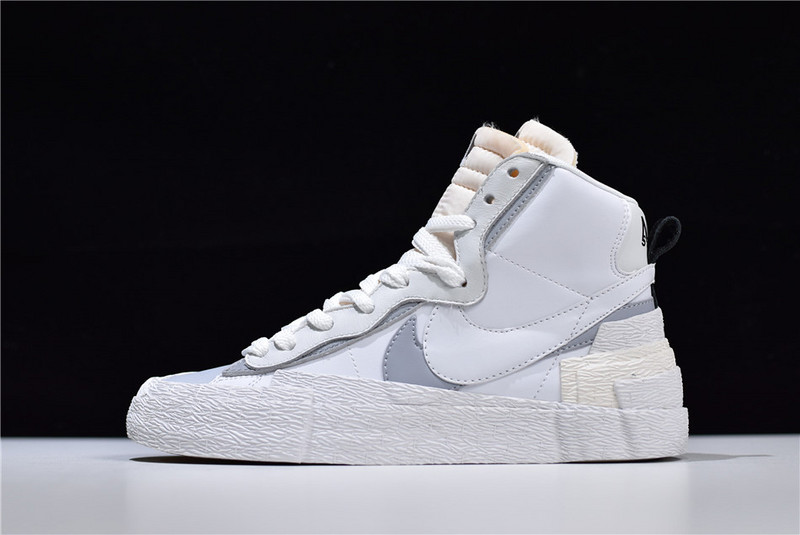 Sacai X Nike Blazer Mid White Grey replica sneakers featuring a stylish dual-layered design, premium materials, and a distinctive colorway, perfect for sneaker enthusiasts and collectors.