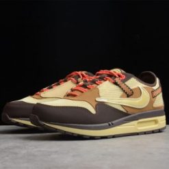 Travis Scott x Nike Air Max 1 Baroque Brown replica sneakers showcasing a stylish brown upper with unique design elements and cushioned sole for comfort. Perfect replica shoes for sneaker enthusiasts.