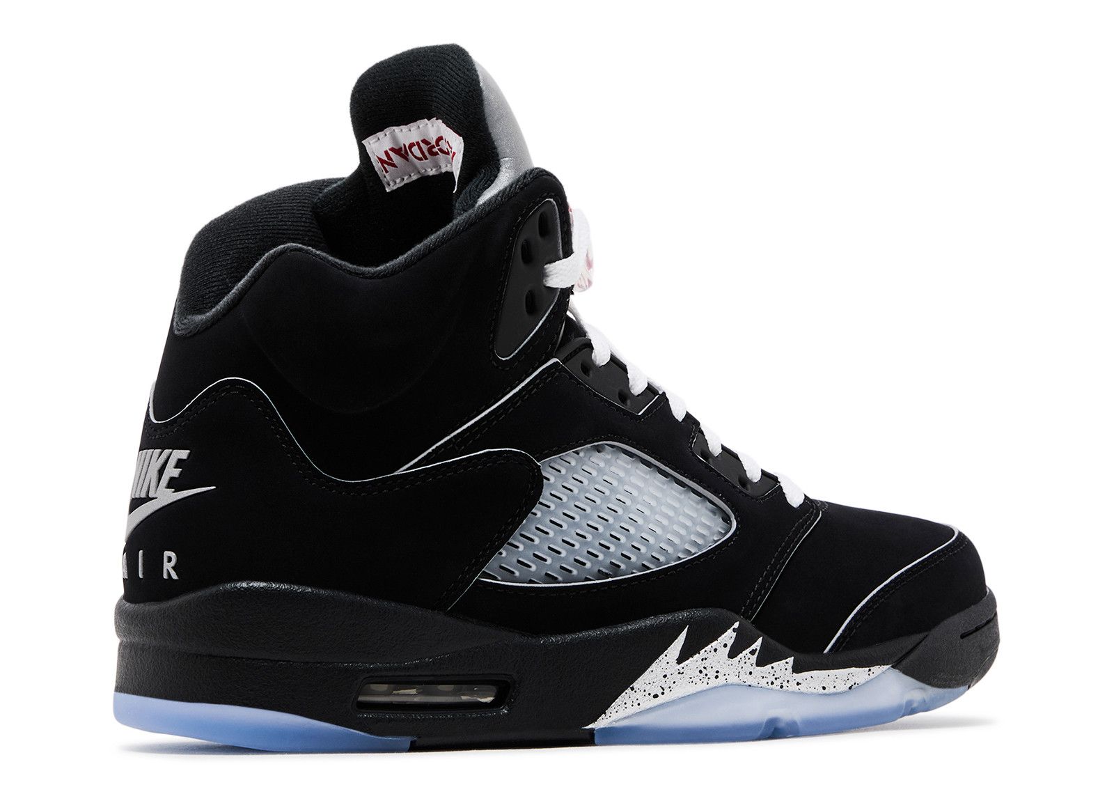 High-quality replica sneakers featuring the Jordan 5 Retro OG 'Black Metallic Reimagined' design, showcasing a sleek black upper with metallic accents and classic silhouette, perfect for sneaker enthusiasts.