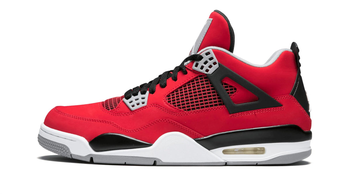 Jordan 4 Retro Toro Bravo Men's replica sneakers featuring a vibrant red and black colorway, crafted with high-quality materials for an authentic look and feel, perfect for sneaker enthusiasts and collectors.