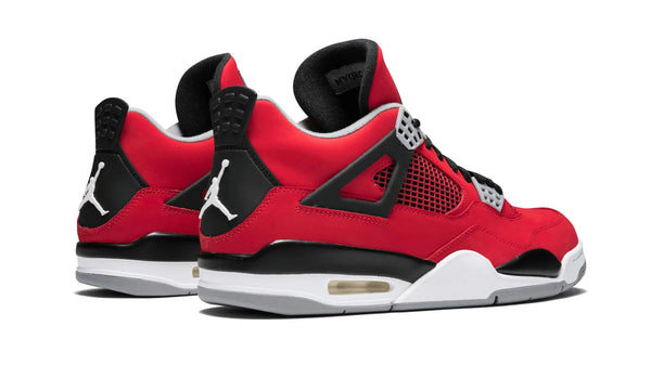 High-quality replica sneakers featuring the Jordan 4 Retro Toro Bravo Men's model, showcasing vibrant red and black colorway with iconic design elements.