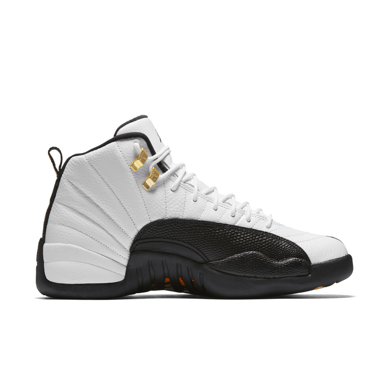 Air Jordan 12 Retro Taxi high-quality replica sneakers showcasing a classic design with black leather and white accents, featuring the iconic taxi yellow details for a stylish look.