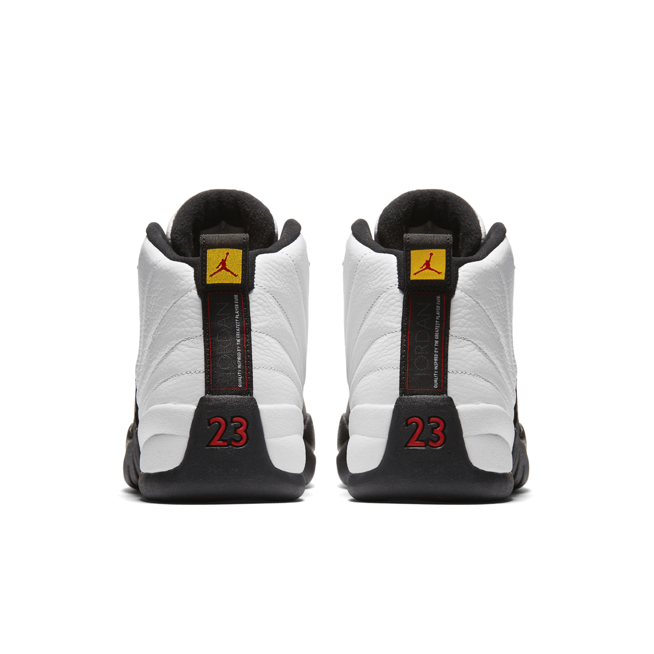 Air Jordan 12 Retro Taxi replica sneakers featuring a classic black and white colorway with striking yellow accents, perfect for sneaker enthusiasts looking for high-quality alternatives.