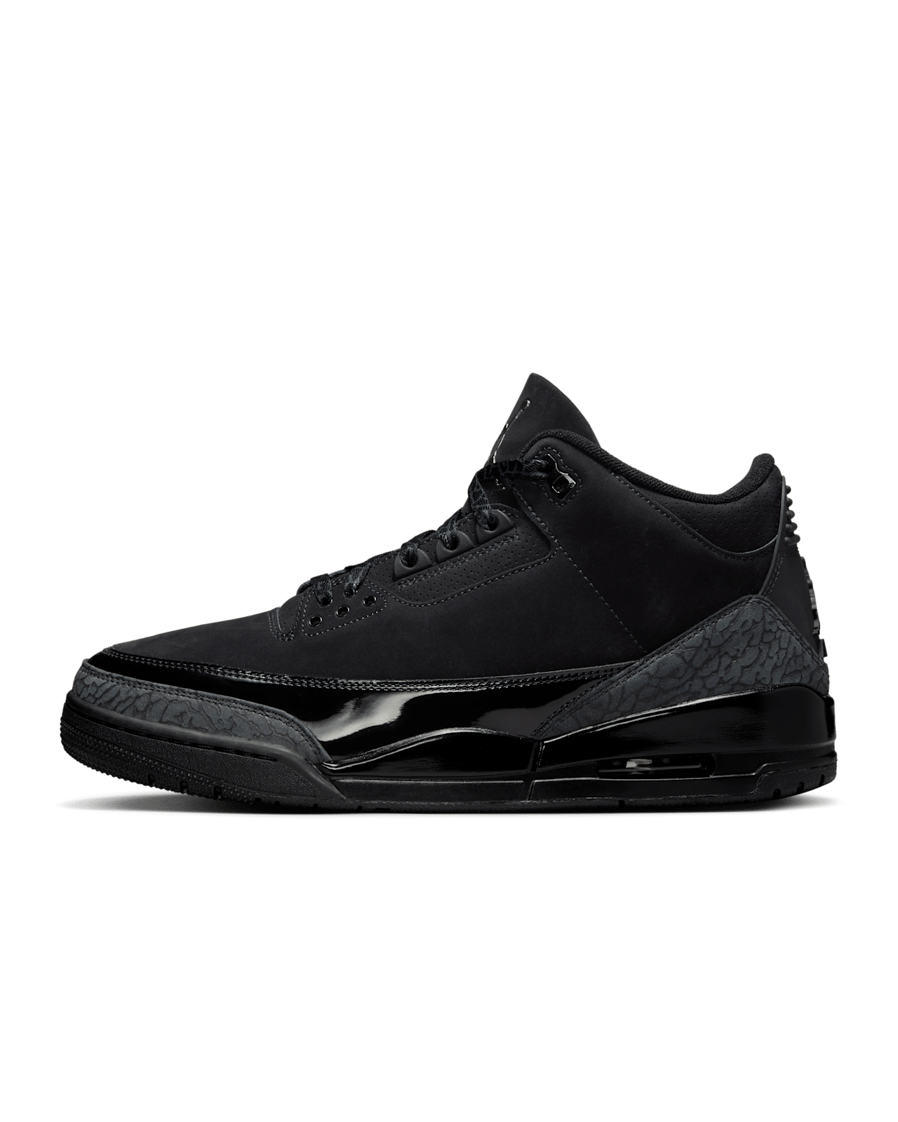 High-quality replica sneakers featuring the Air Jordan 3 Black Cat model, showcasing a sleek black upper, distinct elephant print accents, and a stylish silhouette.